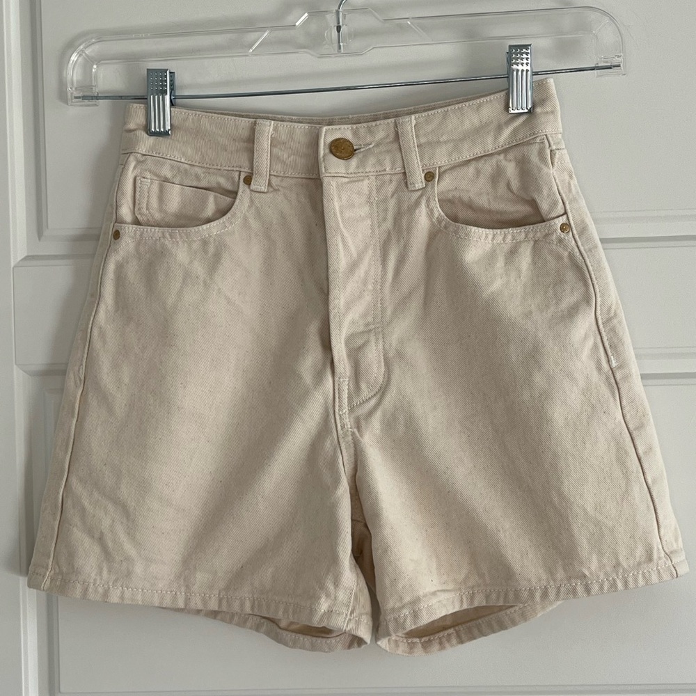 Zara Women High Waist Denim Twill Shorts Natural 100% Cotton Size 2 Button Fly - Picture 2 of 14